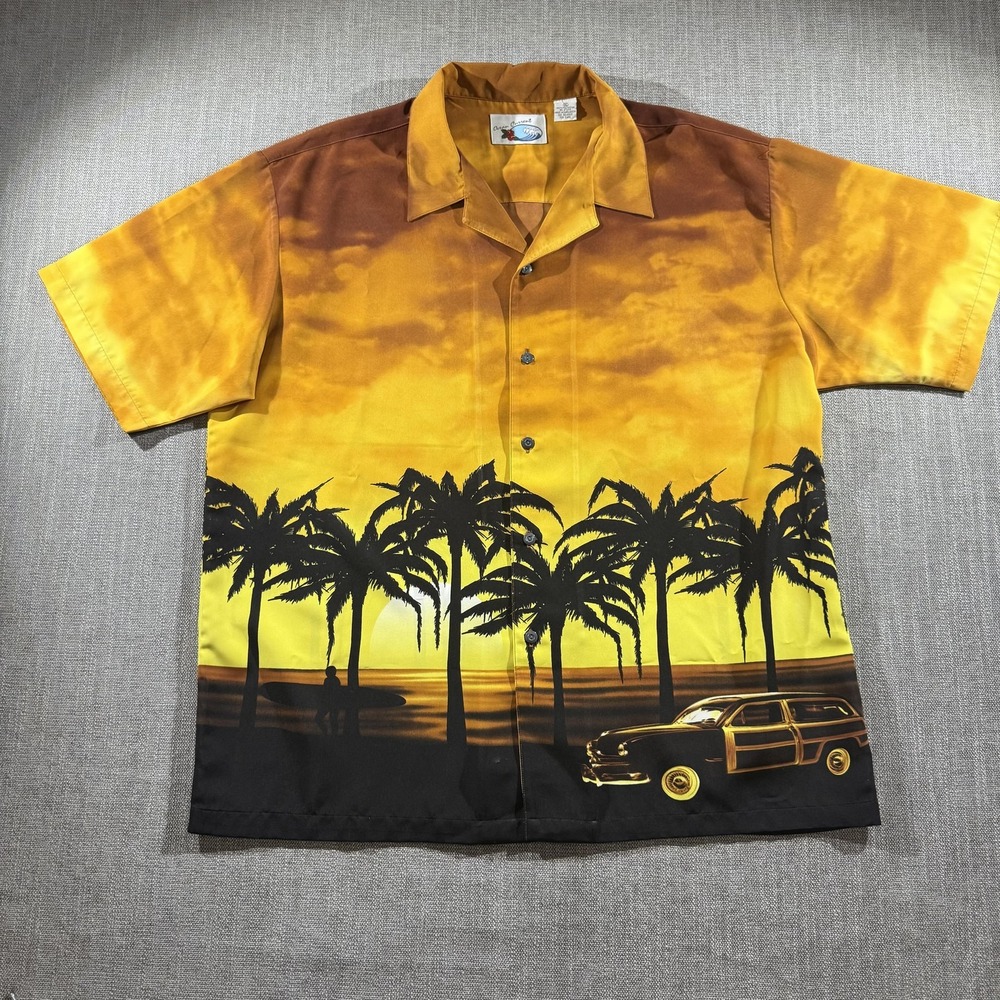 Ocean Current Shirt Mens XL‎ Brown Yellow Hawaiian Car Palm Tree Sunset Beach XL